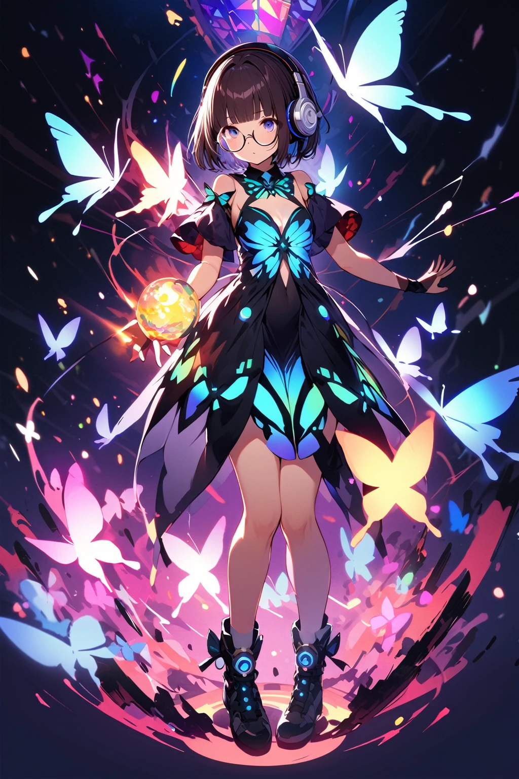 (extremely detailed fine touch:1.3), (((semi-rimless round eyewear:1.3))), (headphone:1.2), short hair, blunt bangs, 1 girl, full body, bioluminescent butterfly dress,