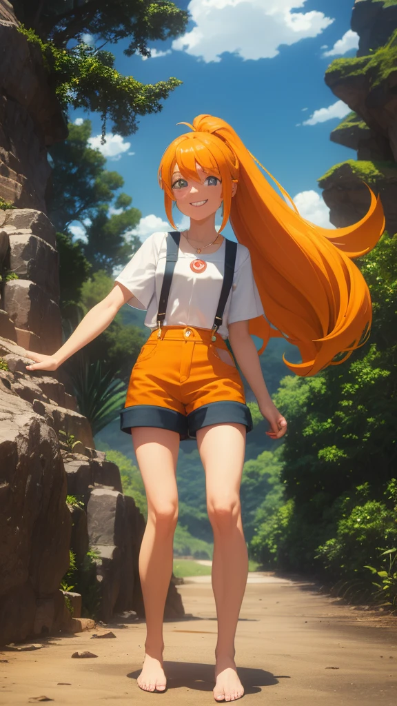 ((Masterpiece,Best Quality)), absurdities, cyntia pokemon, yellow crop top, suspenders, Side ponytail, Orange hair, shorts de licra, Alone, smiling, looking at the viewer, cowboy shot, cinematographic composition, contrasted, playa tropical, barefoot