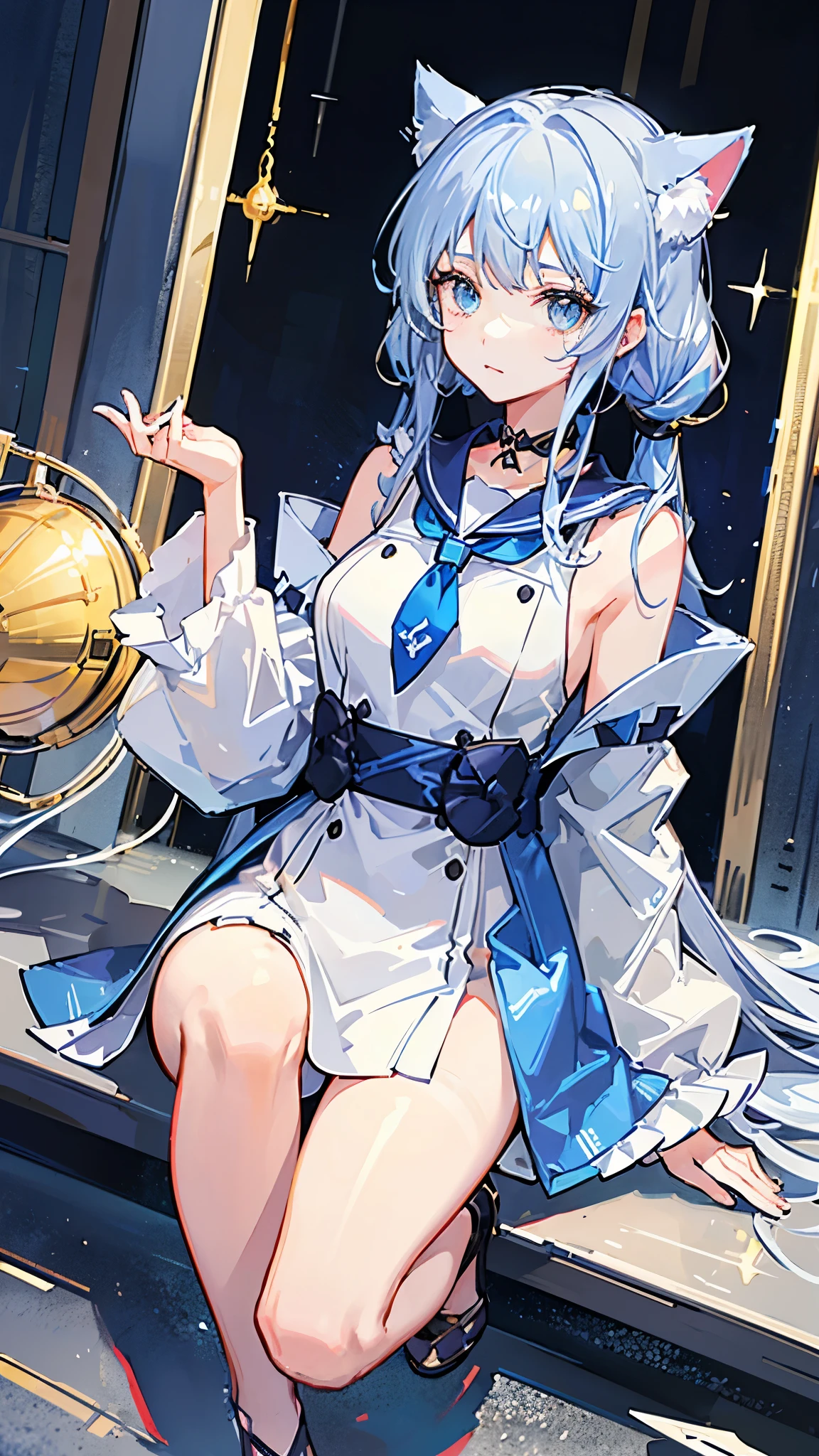 The background is a cat cafe、Cat Tower、Lots of cats、Crystal clear light blue hair、Her hair is gradated and white from the hairline to the middle.、Hair length is up to the knees、A shiny, light blue sailor suit、The hair ornament is glittering gold.、Silver hair ornament、She has big breasts、Adult face、