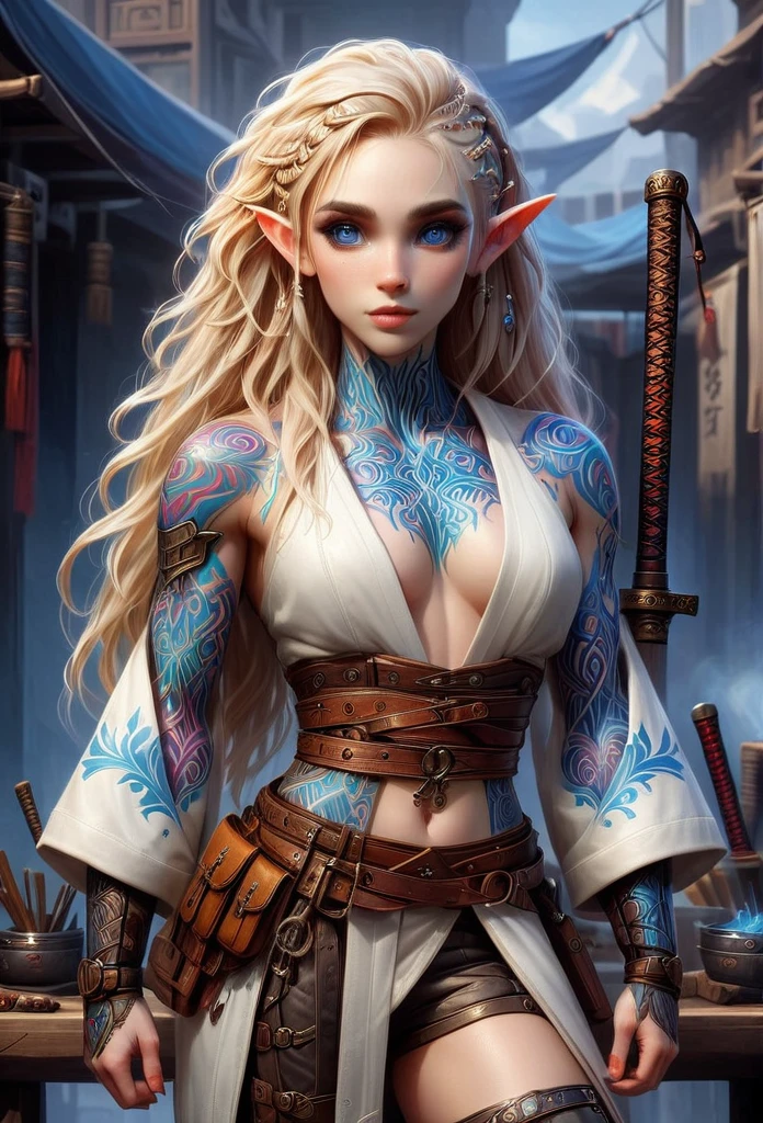 D&D character art. athletic slender female elf. colorful tribal and rune tattoos, 150cm in hight, big blue eyes, long wild blond hair with site cornrows. wearing pale white ronin leather kimono. fingerless gloves. wide leather utility tool belt. leather haka pants. a broad vicious katana hanging from belt. standing in front of a magic equipment vendor in a fantasy magic marketplace. oil painting style
