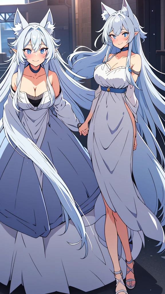 lvl2kara, Fenrys, Fenrisu, long hair, silver hair, light blush, smile, wolf girl, starrystarscloudcolorful, full body, adult, FenrysLv2, grey hair, very long hair, blue eyes, wolf ears, pointy ears, choker, white dress, bare shoulders, black ribbon, cleavage, strap slip