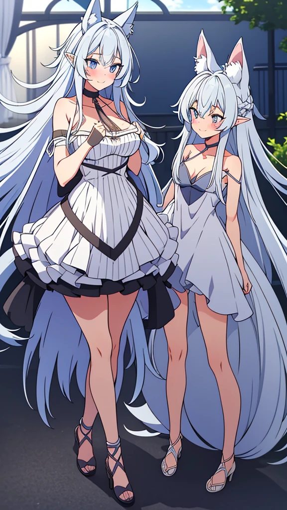 lvl2kara, Fenrys, Fenrisu, long hair, silver hair, light blush, smile, wolf girl, starrystarscloudcolorful, full body, adult, FenrysLv2, grey hair, very long hair, blue eyes, wolf ears, pointy ears, choker, white dress, bare shoulders, black ribbon, cleavage, strap slip