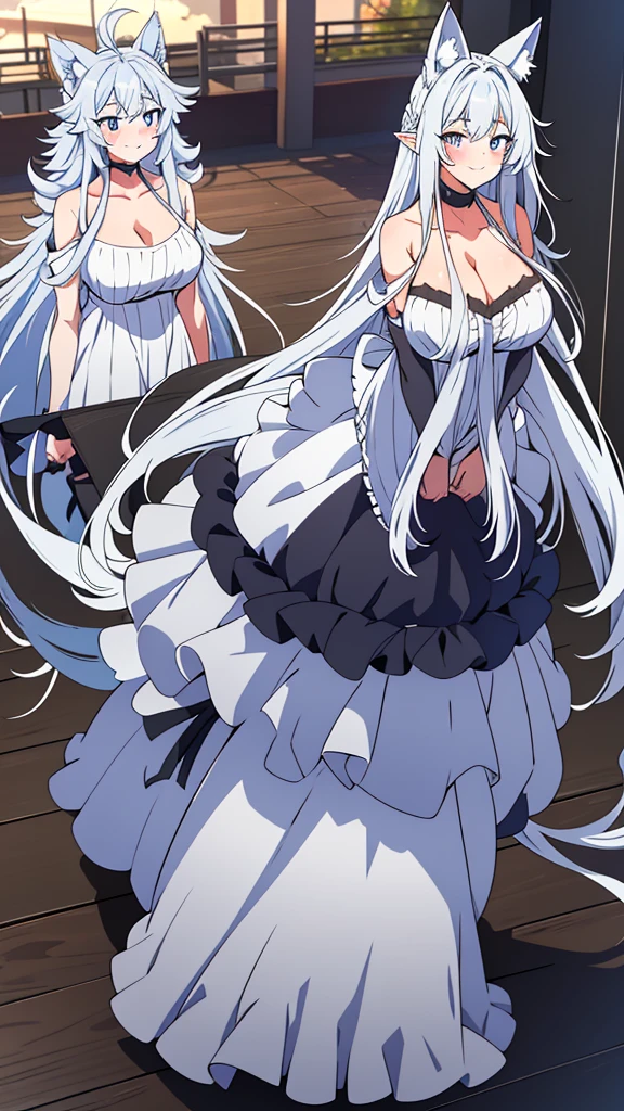 lvl2kara, Fenrys, Fenrisu, long hair, silver hair, light blush, smile, wolf girl, starrystarscloudcolorful, full body, adult, FenrysLv2, grey hair, very long hair, blue eyes, wolf ears, pointy ears, choker, white dress, bare shoulders, black ribbon, cleavage, strap slip