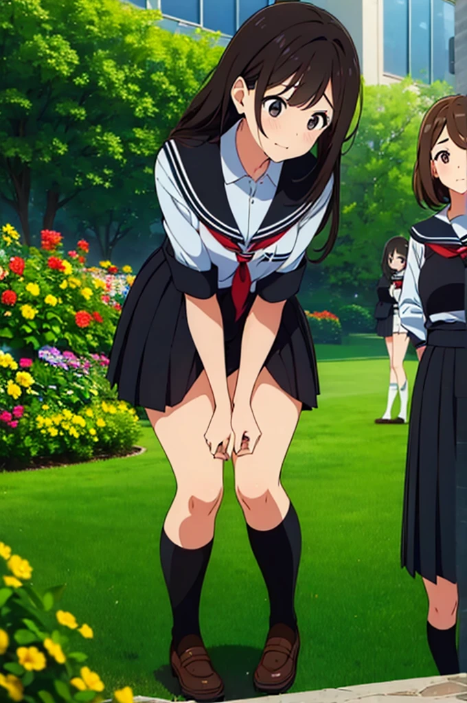(Three Women:1.5) ,Dark Brown Hair,Black Hair,(Nose Brush:1.7) ,Surprised,Open your mouth,(school uniform),(Panties in full view:1.7),(Extremely high quality),(mini skirt),Pencil Skirt,nature,garden,Shiny legs, Thighs,Cute face,squat,Wet and see-through