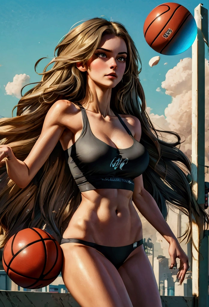 ((Masterpiece, top quality, high resolution)), ((highly detailed CG unified 8K wallpaper)), (stunning goddess shot, so hot and sexy, jaw dropping beauty, perfect proportions, beautiful body, slim body beauty:0.8)a sexy basketball lady doing slam dunk(ball in hand)((jumping and throwing the ball to the ring)) thirty degrees left view, view from below, tight and transparent crop top, perfect busty, long straight hair, wide lens viewer, super detailed, long shot, fish eye lens, best quality wallpaper, 8k, absurdity, expressive realism, perfect lightness