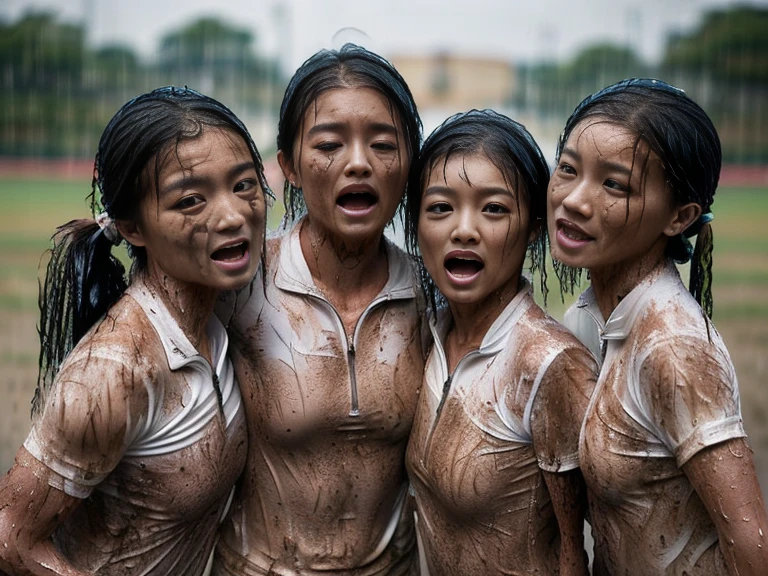 (A plain white short sleeved dirt stained field hockey uniform with a very tight white half zip:1.7)、(A large, muddy, white square collar: 1.8)、(Red clay ground:1.5)、My hair is wet and messy、(Beautiful Japanese woman covered in dirt:1.9)、Highest quality, masterpiece, Ultra-high resolution, Photorealistic, Raw Photos,Detailed face, (Fastener open: 1.8), (Everyone wears the same clothes:1.0), All members are super beauties, (Three beautiful Japanese women huddle together while being beaten: 1.8), (Hair tied up: 1.4), (Exhausted expression: 1.8), Bright photo, (Soaked from head to torrential rain: 2.0), (All muscular: 2.4)
