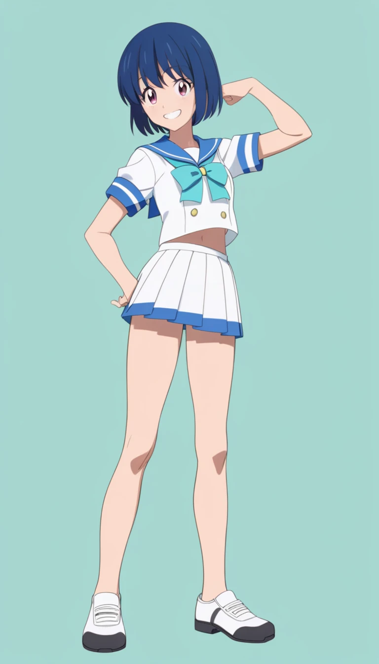 18-year-old, young girl, anime, short hair, pretty eyes, blue hair, full body, sailor suit, short pleated skirt, smiling happy, BREAK (simple background), (stand up straight), anatomically correct