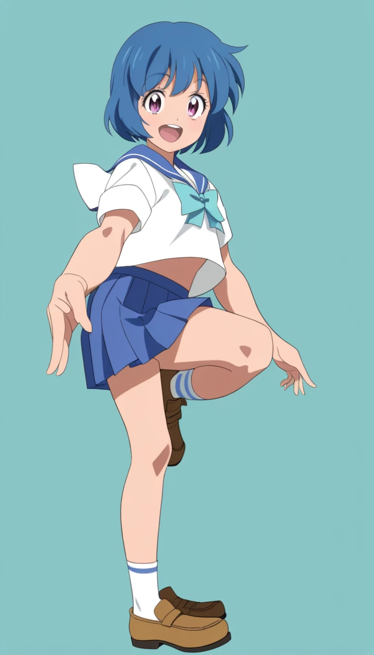 18-year-old, young girl, anime, short hair, pretty eyes, blue hair, full body, sailor suit, short pleated skirt, smiling happy, BREAK (simple background), (stand up straight), anatomically correct