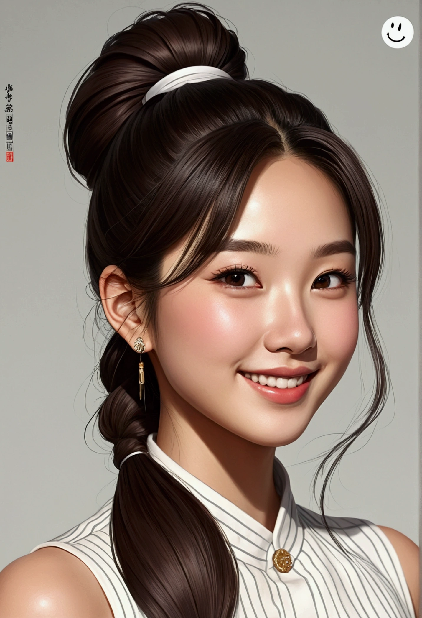 hairstyle:  Beautiful shape, The high ponytail adds a sophisticated and stylish element, Super beautiful 20 year old Korean girl,Smiley Face, cartoon style illustration, Cartoon art style, Cartoon art style, Digital illustration style, Highly detailed character designs, Lovely and detailed digital art, Beautiful digital illustrations, High quality portrait, Comic Art, Asia, Character design portrait, Bold line sketch style,