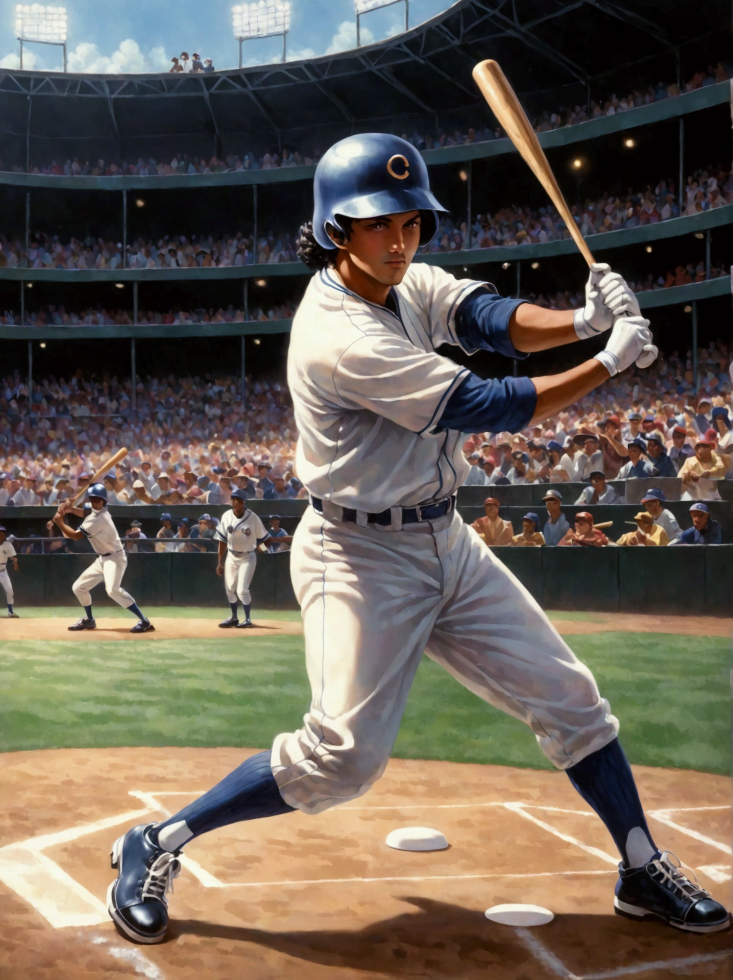 A depiction of a classic 90s baseball scene. The central focus being a Hispanic batter in mid-swing, decked out in typical 90s fashion, baggy uniform slightly ill-fitting but very representative of the era. The player wears high-top cleats, a batting helmet with a protective ear flap, and wooden bat in hands. In the background, envision other players in the field are ready for the play, noticeable diversity in terms of race and gender. The stadium backdrop buzzing with a crowd that radiates the quintessential enthusiasm of baseball fans of that time.