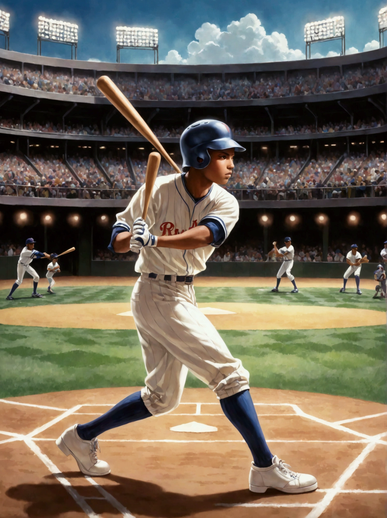 A depiction of a classic 90s baseball scene. The central focus being a Hispanic batter in mid-swing, decked out in typical 90s fashion, baggy uniform slightly ill-fitting but very representative of the era. The player wears high-top cleats, a batting helmet with a protective ear flap, and wooden bat in hands. In the background, envision other players in the field are ready for the play, noticeable diversity in terms of race and gender. The stadium backdrop buzzing with a crowd that radiates the quintessential enthusiasm of baseball fans of that time.