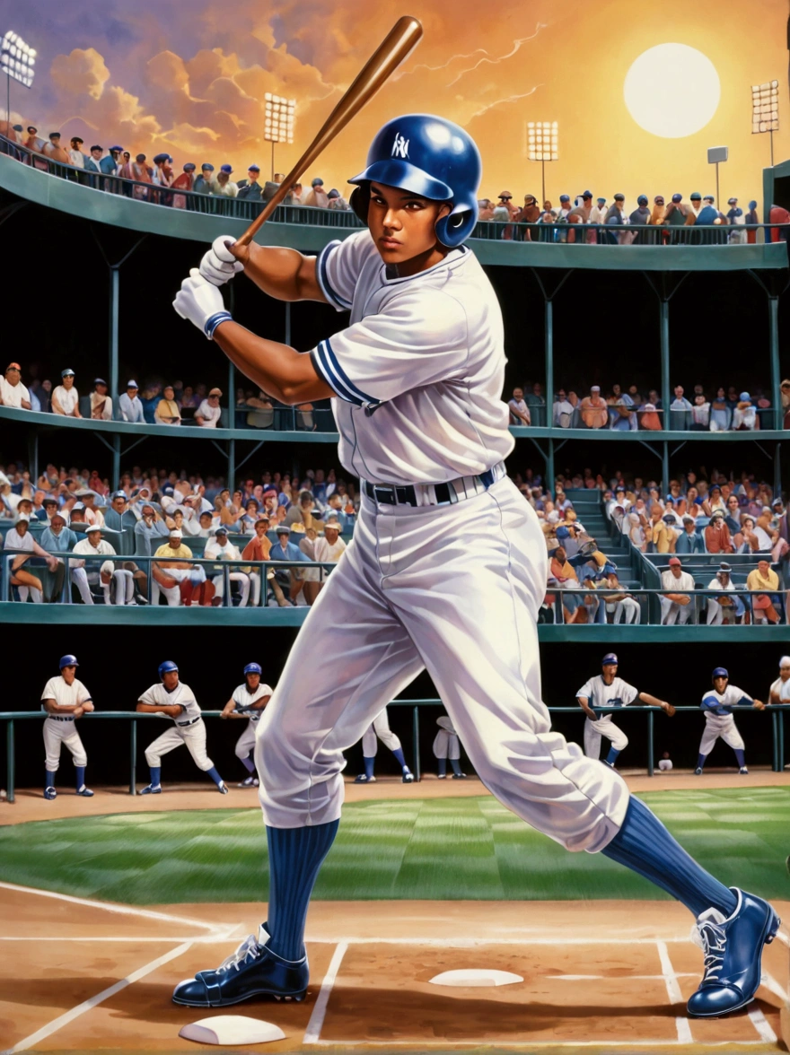 A depiction of a classic 90s baseball scene. The central focus being a Hispanic batter in mid-swing, decked out in typical 90s fashion, baggy uniform slightly ill-fitting but very representative of the era. The player wears high-top cleats, a batting helmet with a protective ear flap, and wooden bat in hands. In the background, envision other players in the field are ready for the play, noticeable diversity in terms of race and gender. The stadium backdrop buzzing with a crowd that radiates the quintessential enthusiasm of baseball fans of that time.
