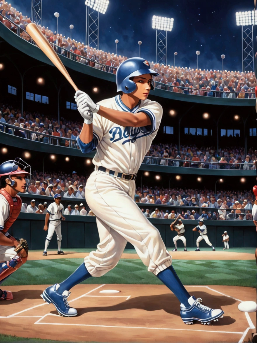 A depiction of a classic 90s baseball scene. The central focus being a Hispanic batter in mid-swing, decked out in typical 90s fashion, baggy uniform slightly ill-fitting but very representative of the era. The player wears high-top cleats, a batting helmet with a protective ear flap, and wooden bat in hands. In the background, envision other players in the field are ready for the play, noticeable diversity in terms of race and gender. The stadium backdrop buzzing with a crowd that radiates the quintessential enthusiasm of baseball fans of that time.