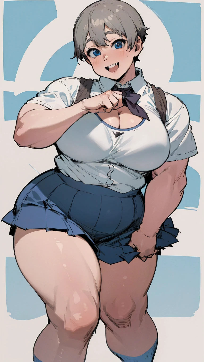 masterpiece, best quality, ultra-detailed, Potrait of beautiful , (chubby) (muscular), (plump), (sexly), (cleavage), (Breasts), (Plump), ((very short hair)), ((Uzaki Hana)), (overweight), (Gray Hair), ((Saggy breasts)), (blue eyes), (Short Hair), (blue eyes), ((thick)), ((school uniform)), (fullbody), (naughty smile), (Canine teeth visible)