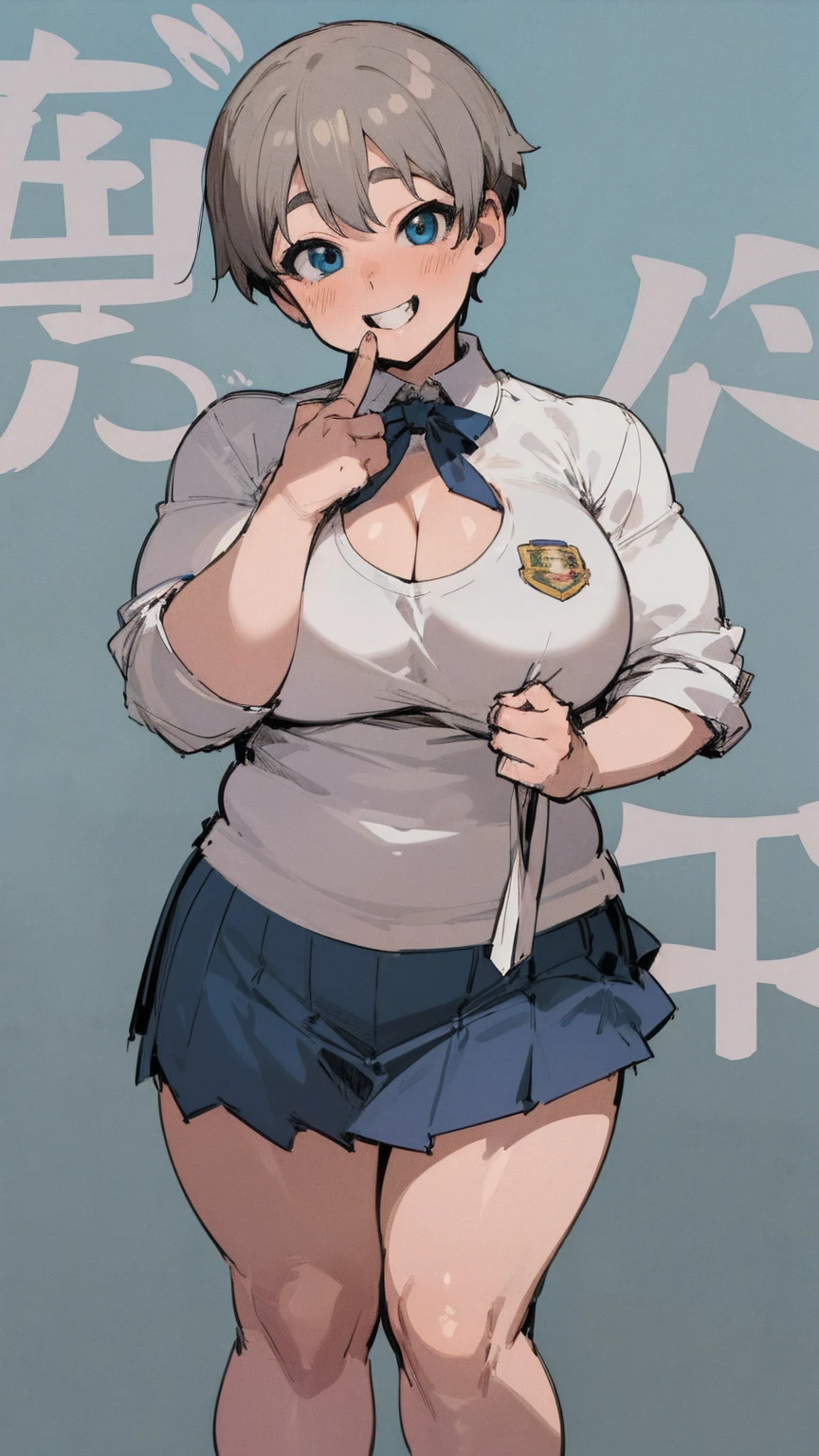 masterpiece, best quality, ultra-detailed, Potrait of beautiful , (chubby) (muscular), (plump), (sexly), (cleavage), (Breasts), (Plump), ((very short hair)), ((Uzaki Hana)), (overweight), (Gray Hair), ((Saggy breasts)), (blue eyes), (Short Hair), (blue eyes), ((thick)), ((school uniform)), (fullbody), (naughty smile), (Canine teeth visible)