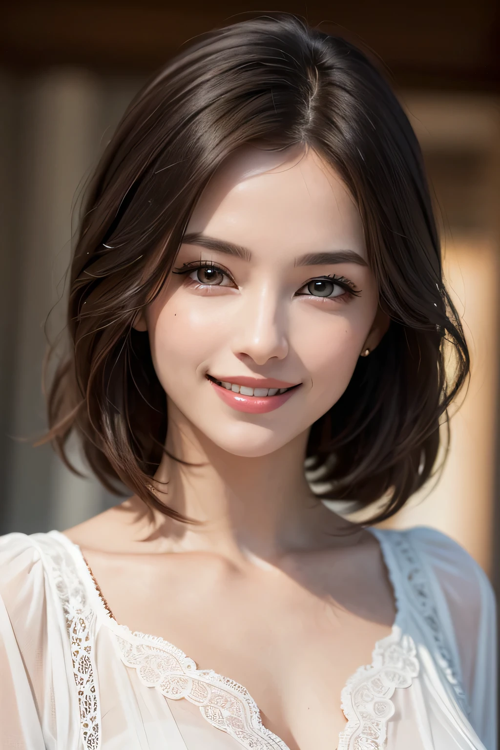 ((masterpiece)), ((Highest quality)), ((Complex)), ((Surreal)), (Realistic), (Mature Woman), ((There are no classes)), Very detailed, (1 female), Beautiful and exquisite, (Beautiful Teeth), Grin, Brunette Bob Hair, Brown eyes, ((blouse)), (Upper Body), (background:none), Perfect Eyes, Captivating eyes, Looking at the audience