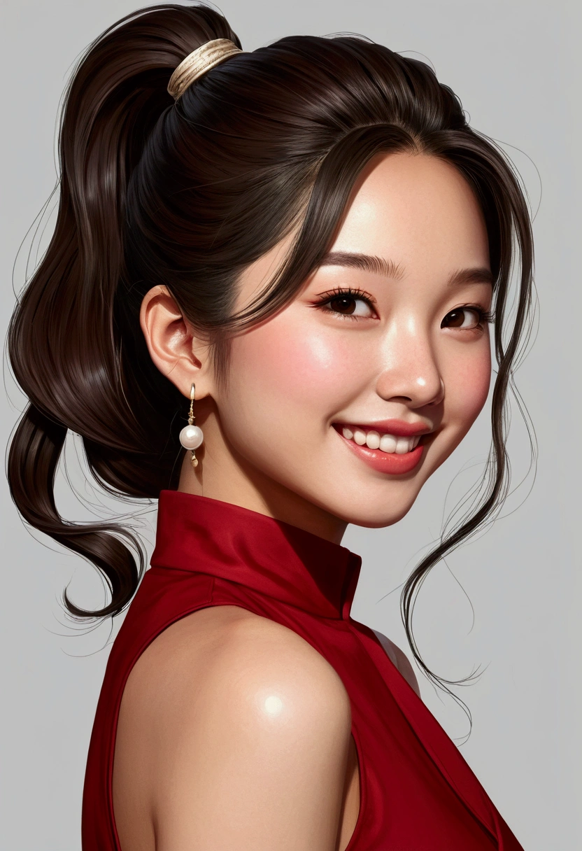 hairstyle: Beautiful shape, The high ponytail adds a sophisticated and stylish element, Super beautiful 20 year old Korean girl,Smiley Face, cartoon style illustration, Cartoon art style, Cartoon art style, Digital illustration style, Highly detailed character designs, Lovely and detailed digital art, Beautiful digital illustrations, High quality portrait, Comic Art, Asia, Character design portrait, Bold line sketch style,