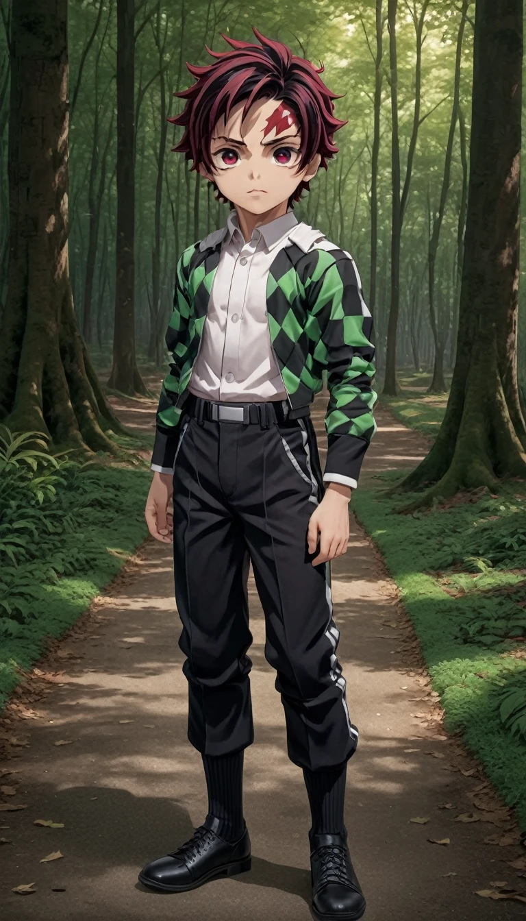 One boy,Juvenal, Super detaileded face masterpiece, Super detailed, forest, beginning, Checkered clothing,Demon Slayer uniform, Black trousers, Are standing, Crimson Eyes, A pure face without impurities, (masterpiece:1.2), Highest quality, High resolution, unity 8k wallpaper, (figure:0.8), (Beautiful attention to detail:1.6), Highly detailed face, Perfect lighting, Highly detailed CG, (Perfect Anatomy),cute