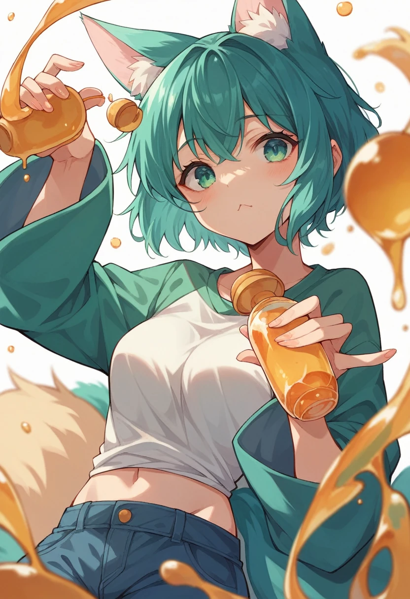a closeup of a cartoon character with fox ears, fox girl, mikudayo, anime moe art style, Cat Mimi, short hair, anime girl with teal hair