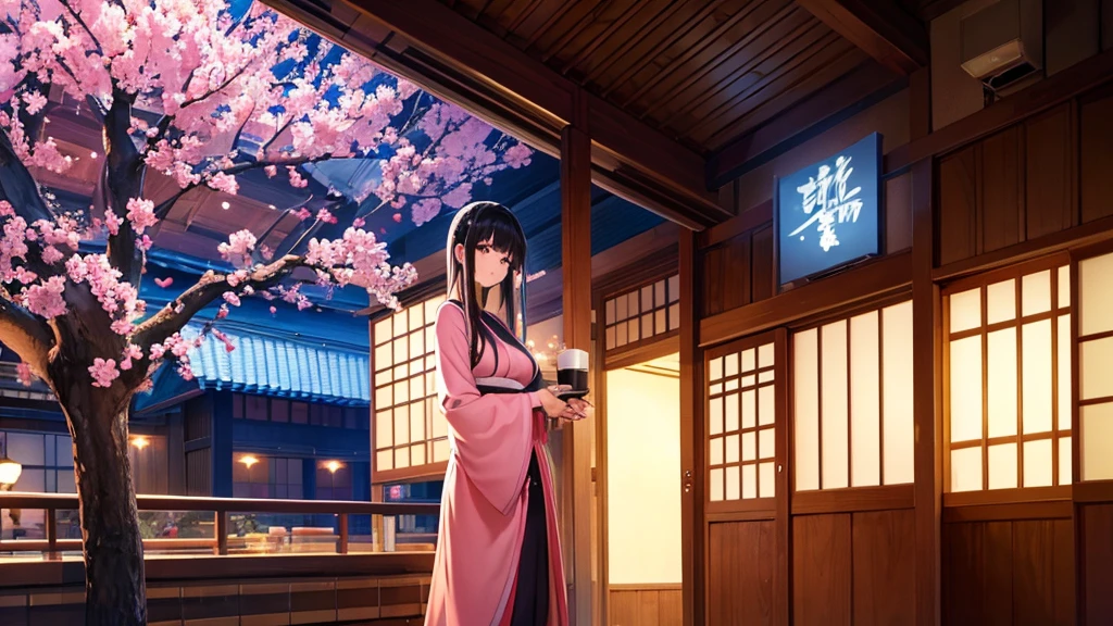 "In a quiet coffee shop in the nighttime city, a Japanese anime-style beautiful girl sits peacefully. Neon lights gently shine through the window, making her long black hair sparkle. Her large eyes are relaxed, and she holds a warm coffee cup in her hands. The café background features soft pastel colors with soothing tones of blue and pink. Cherry blossom petals quietly fall, and traditional Japanese decorations like a parasol subtly adorn the café setting."