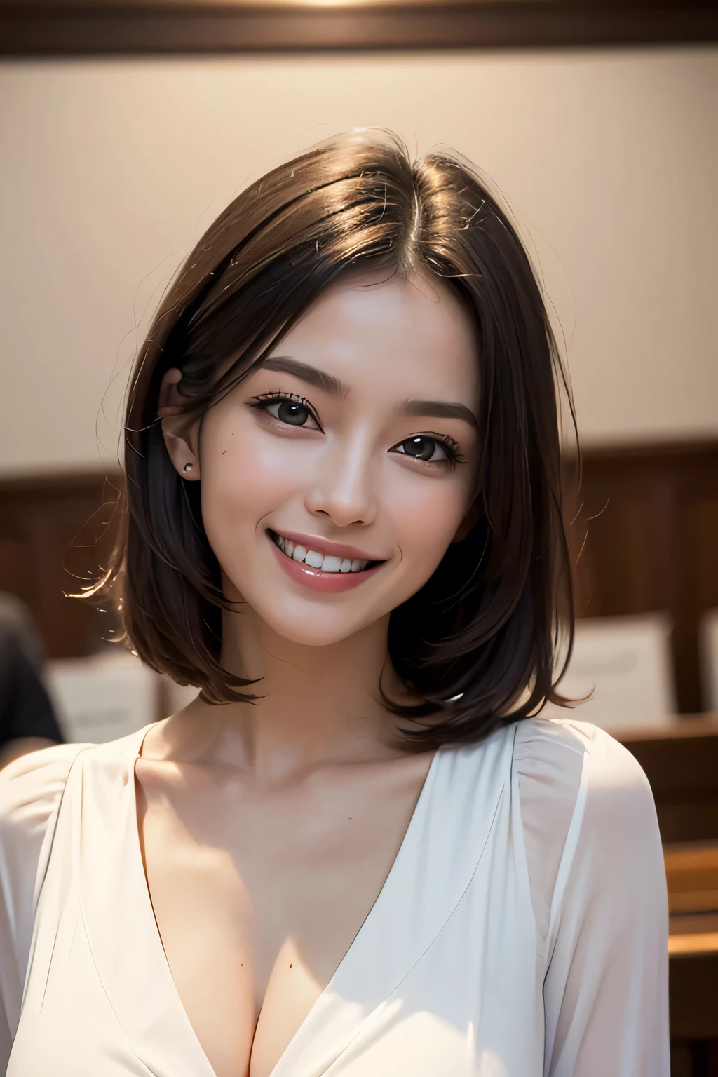 ((masterpiece)), ((Highest quality)), ((Complex)), ((Surreal)), (Realistic), (Mature Woman), ((There are no classes)), Very detailed, (1 female), Beautiful and exquisite, (Beautiful Teeth), Grin, Brunette Bob Hair, Brown eyes, ((blouse)), (Upper Body), (background:none), Perfect Eyes, Captivating eyes, Looking at the audience