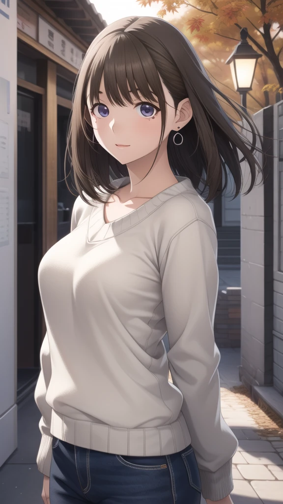 High resolution,8K,highest quality,detailed,semi-realistic anime,anime 3d style,smooth anime CG,
1 girl,20 year old female living in Japan,slim,modeled,shiny chestnut hair,medium hair,detailed face,beautiful and detailed eyes,glowing skin,
(sweater),earrings beautiful,autumn's,Tag,autumn leaves,ginkgo,withered tree,(Golden leaves flutter),light shines, outdoor, 美しいdetailedの空,
(dynamic pose:0.8),hard focus、film grain,soft lighting,Wind,looking at the viewer,laughter