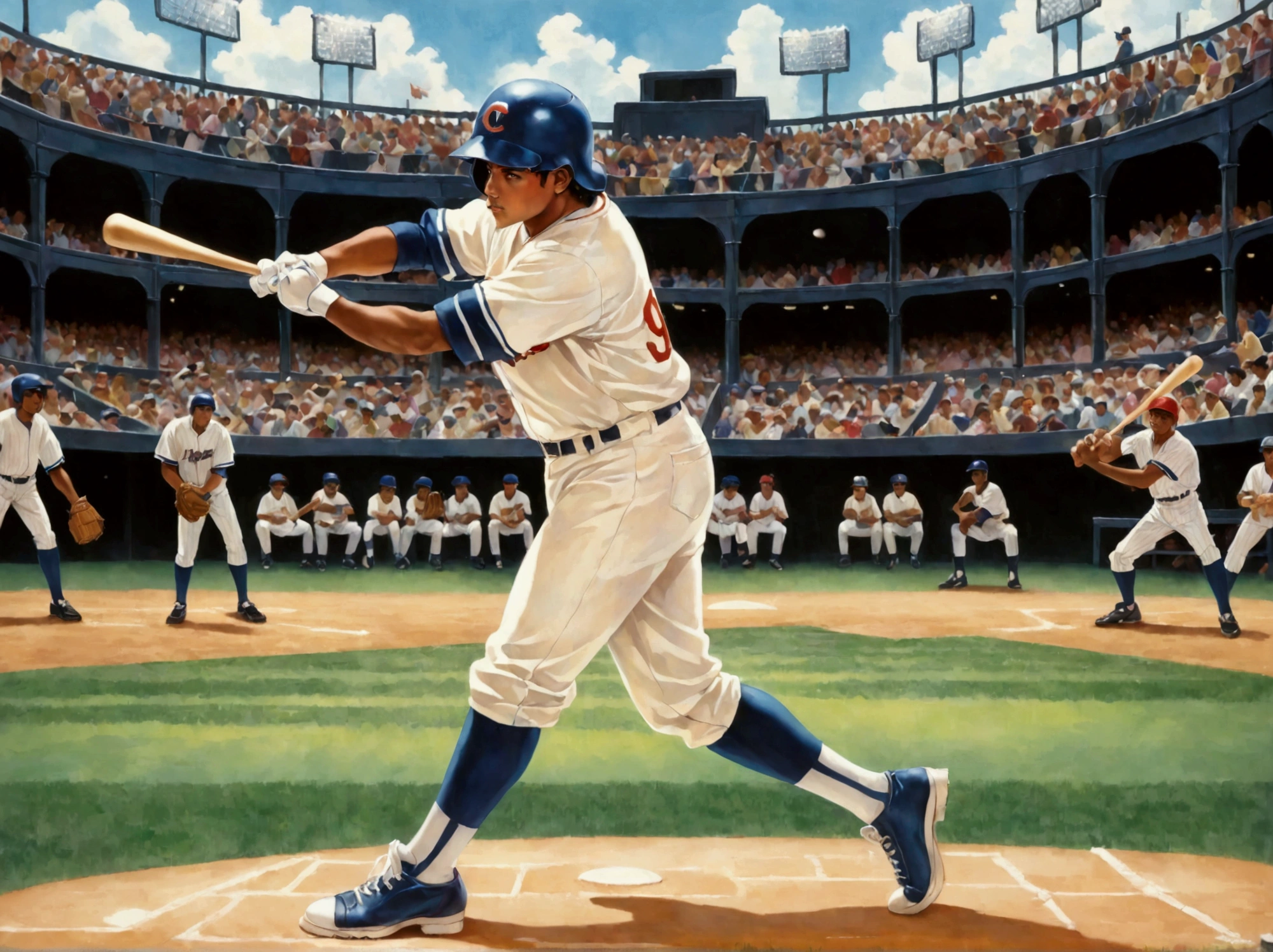 A depiction of a classic 90s baseball scene. The central focus being a Hispanic batter in mid-swing, decked out in typical 90s fashion, baggy uniform slightly ill-fitting but very representative of the era. The player wears high-top cleats, a batting helmet with a protective ear flap, and wooden bat in hands. In the background, envision other players in the field are ready for the play, noticeable diversity in terms of race and gender. The stadium backdrop buzzing with a crowd that radiates the quintessential enthusiasm of baseball fans of that time.