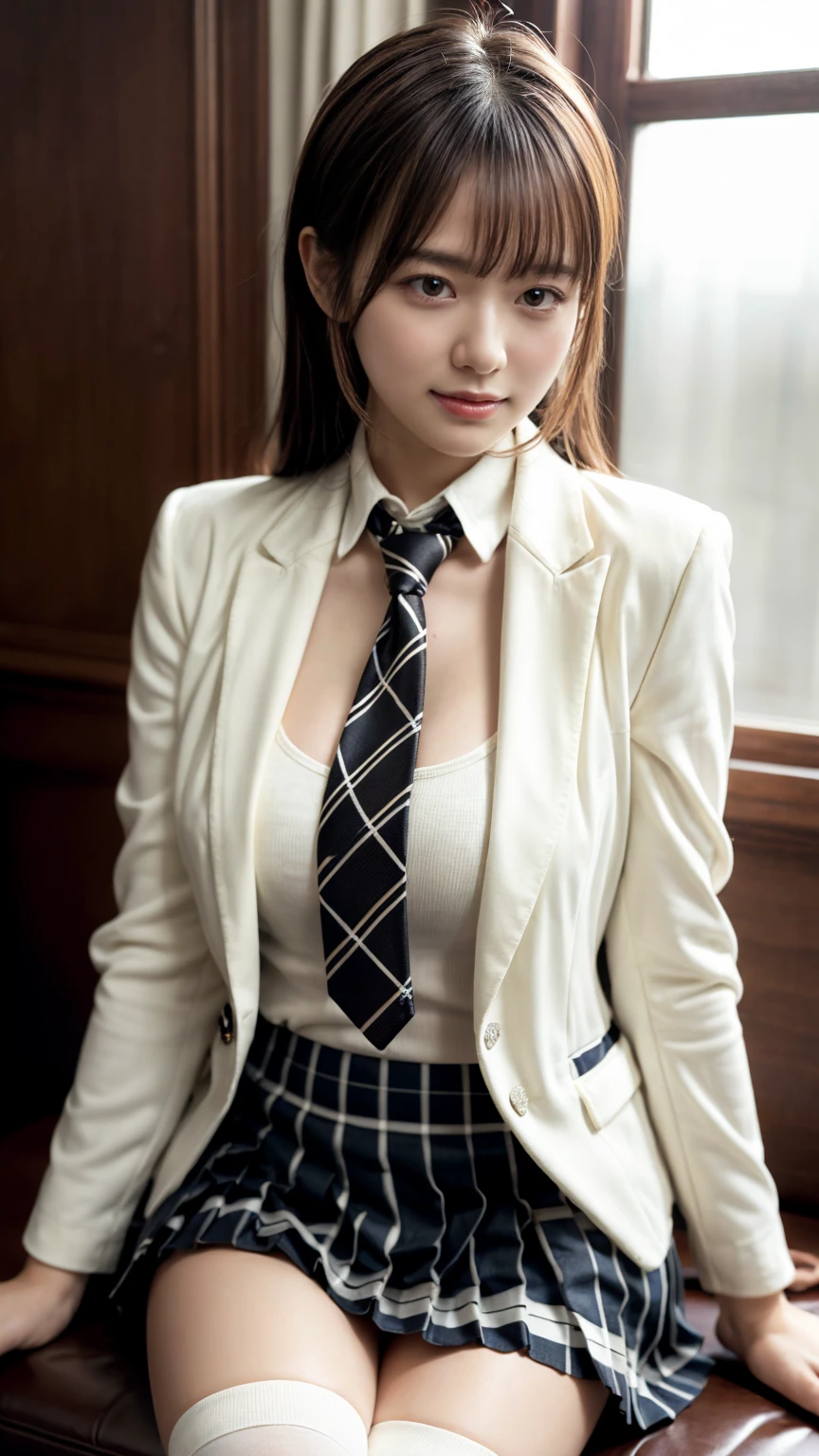 (absurdres:1.3), (highres:1.3), (ultra detailed:1.3),(1girl:1.3), (extremely detailed CG unity 8k wallpaper:1.3), (detailed skin texture, detailed cloth texture, detailed hair texture), (beautiful detailed face, supermodel, pale skin, realistic glistening skin), (RAW photo, best quality), (realistic, photo-realistic:1.4), masterpiece, extremely delicate and beautiful,Amazing, finely detail, extremely detailed CG unity 8k wallpaper, huge filesize, ultra-detailed, highres, absurdres, soft light,rim light, vibrant details, hotel room, straight hair, ?????????????, black hair color, Big Natural Color Lip, (perfect body shape), beautiful legs, BREAK (Ivory-white theme:1.4), (Ivory-white blazer:1.4), (school uniform:1.2), (long sleeve:1.2), (white shirt:1.3), (white socks:1.2),

BREAK (black and white theme:1.2), (black and white stripes tie:1.3), (black and white tartan-check pleated skirt:1.2), 

BREAK (brown loafers:1.2), crying a little、little smile, Harajuku style、20 year old girl、cute type、lolita、