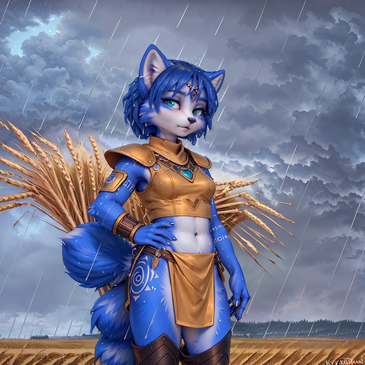 A beautiful and detailed (sweet picture) of ((Krystal)), Star Fox Krystal,  green eyes, medium , (((Long blue hair 1.3))),  anthro, furry, (of Fluff-Kevlar, Bayard Wu, Personalami, Pino Daeni),  detailed fluffy fur, detailed face, (fluffy), 1 girl, alone, hair cover one eye:1.4, (((stands in the rain:1.4))), Heavy rain, storm, (((stands on a wheat field:1.3))), (((looks at the sky:1.4))), has a thoughtful facial expression, to see from the side, to see in profile, wears tribal clothing with leather armor, wears tribal top with leather armor