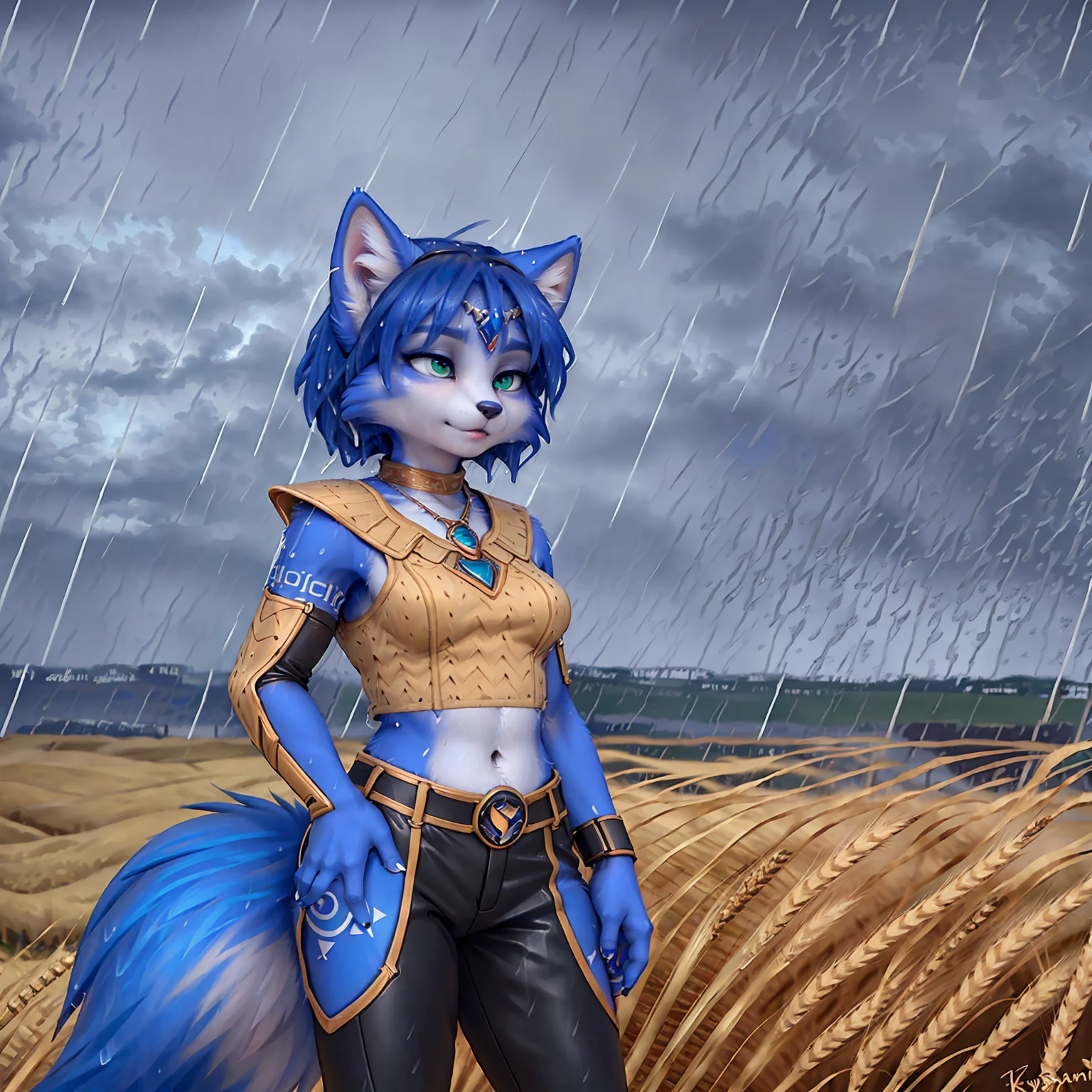 A beautiful and detailed (sweet picture) of ((Krystal)), Star Fox Krystal,  green eyes, medium breasts, (((Long blue hair 1.3))),  anthro, furry, (of Fluff-Kevlar, Bayard Wu, Personalami, Pino Daeni),  detailed fluffy fur, detailed face, (fluffy), 1 girl, alone, hair cover one eye:1.4, (((stands in the rain:1.4))), Heavy rain, storm, (((stands on a wheat field:1.3))), (((looks at the sky:1.4))), has a thoughtful facial expression, to see from the side, to see in profile, wears tribal clothing with leather armor, wears tribal top with leather armor