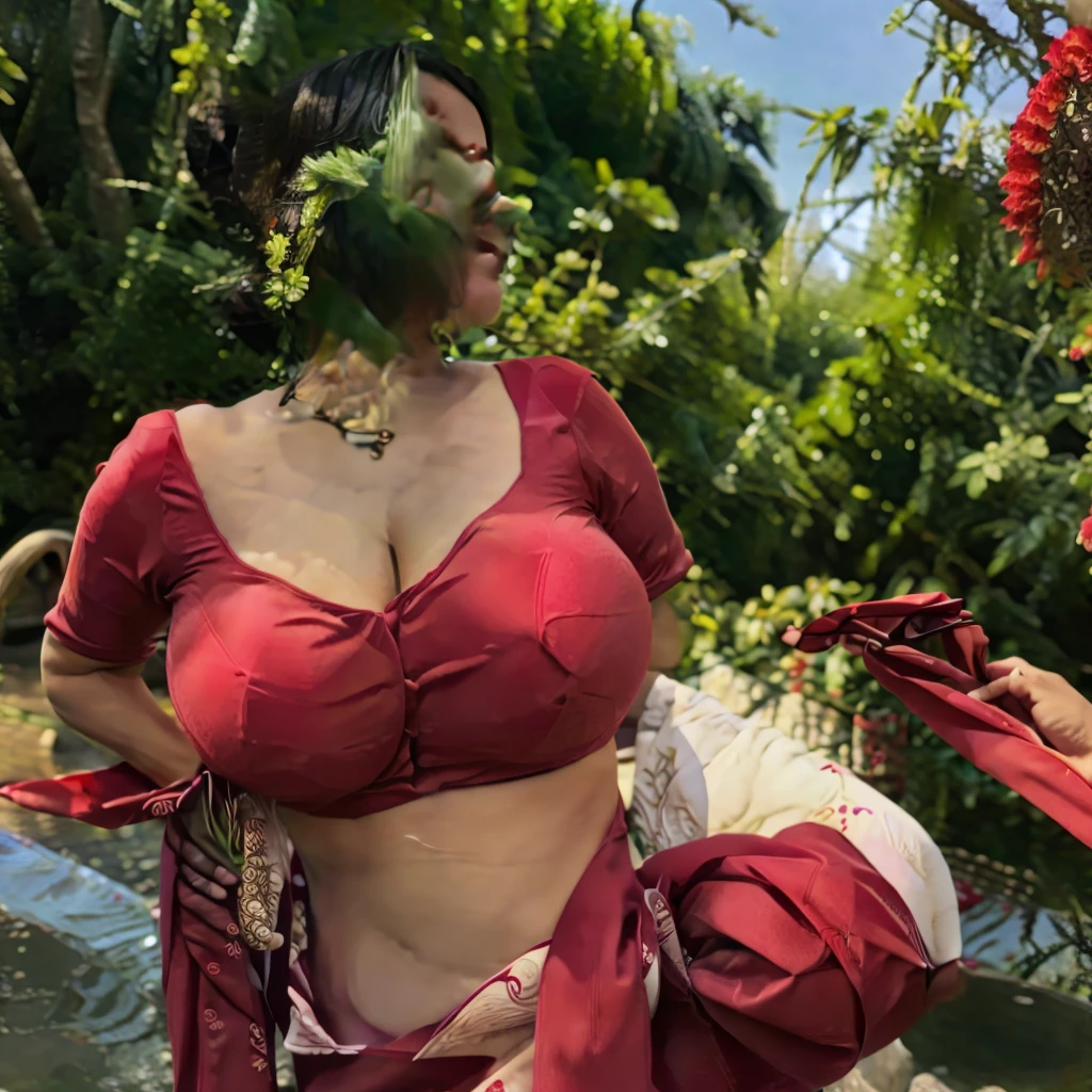 Huge breast cleavage,red saree Indian