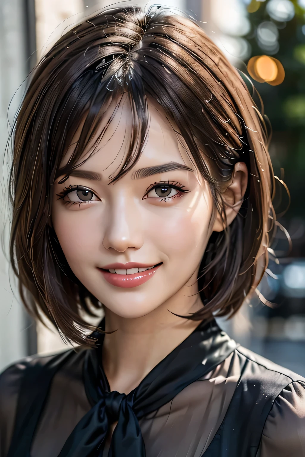 ((masterpiece)), ((Highest quality)), ((Complex)), ((Surreal)), (Realistic), (Mature Woman), ((There are no classes)), Very detailed, (1 female), Beautiful and exquisite, (Beautiful Teeth), Grin, Brunette Bob Hair, Brown eyes, ((blouse)), (Upper Body), (background:none), Perfect Eyes, Captivating eyes, Looking at the audience