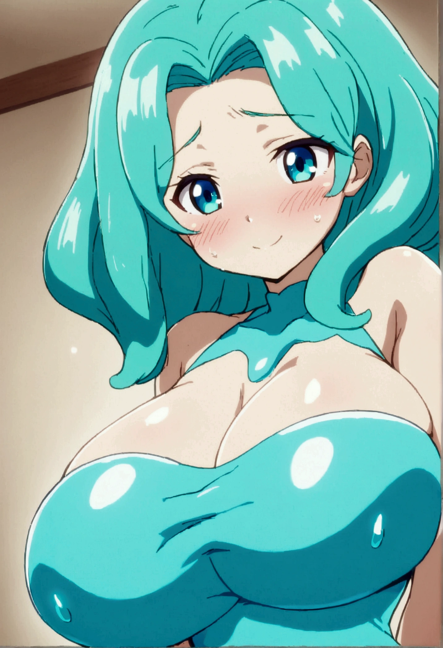 1girl, made of slime, turquoise smile, curvy body, blushing, shy yet happy, turquoise eyes, anime
