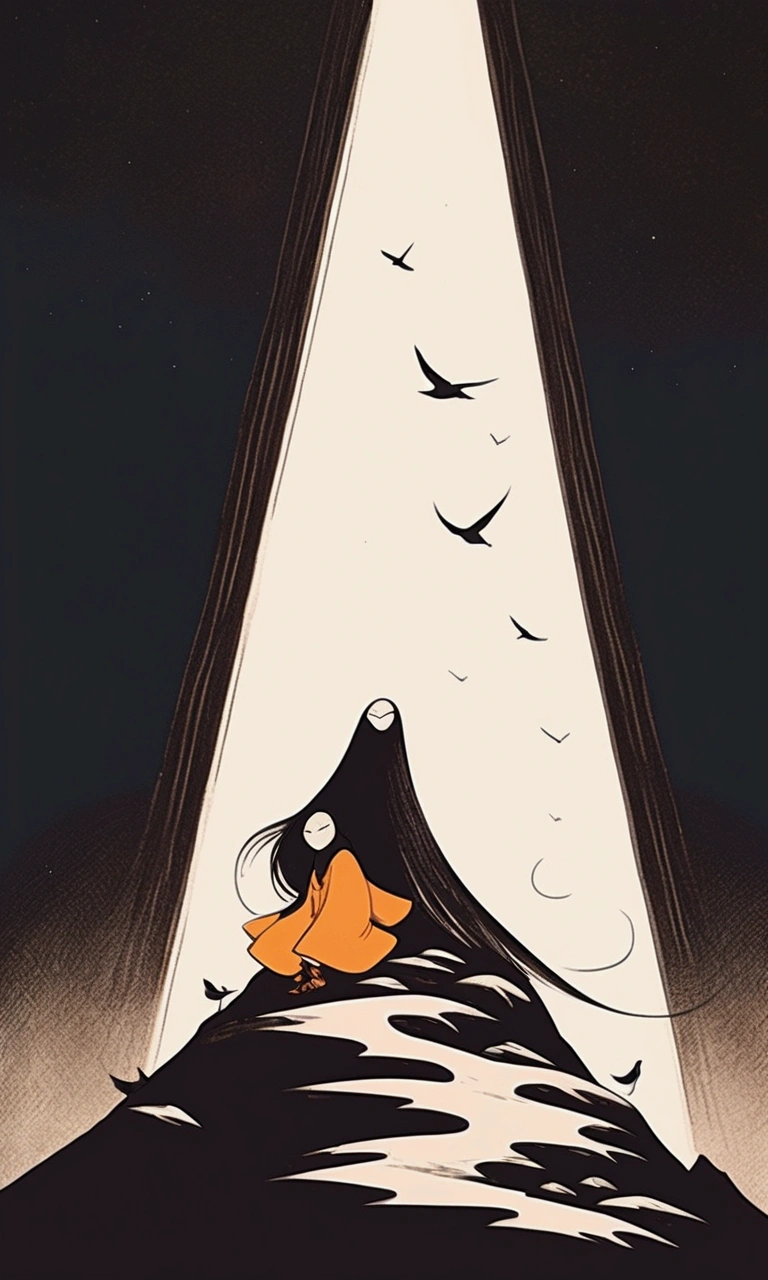 illustration of a man sitting on a rock with a bird flying overhead, a minimalist painting by Oswaldo Viteri, tumblr, conceptual art, in a cloak with long hairs, illustration!, victo ngai! muted sepia colors, brittney lee, dark illustration, a beautiful artwork illustration, #illustration, an ominous fantasy illustration, beautiful illustration, dramatic illustration