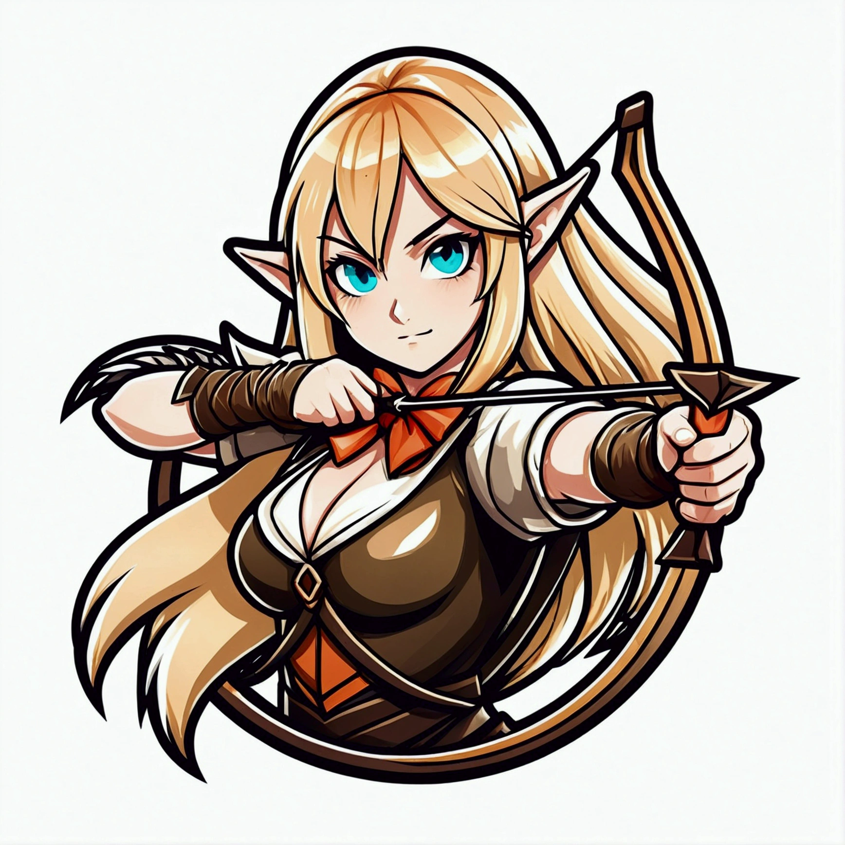 logo mascot, vector, bold outline, girl, anime style, elf, blonde hair, long hair, cute face, smirk, archer, bow, medium breast, half body, aggressive pose, attacking, looking at viewer, digital illustration, low highlight, soft shading, isolated background, white background.
Completed26% 
