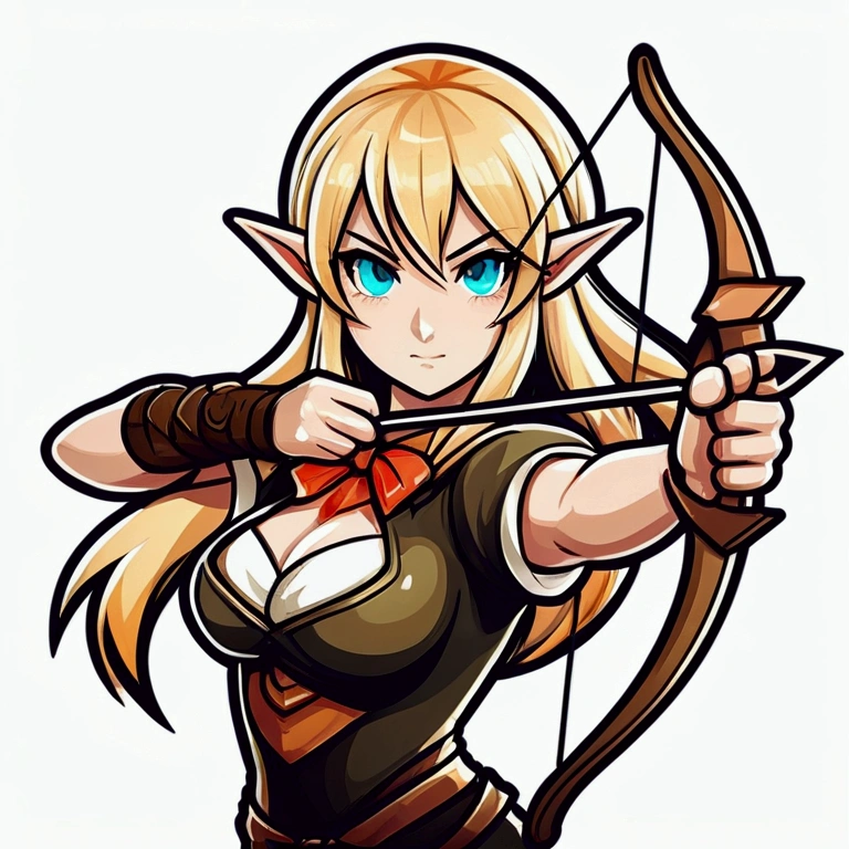 logo mascot, vector, bold outline, girl, anime style, elf, blonde hair, long hair, cute face, smirk, archer, bow, medium breast, half body, aggressive pose, attacking, looking at viewer, digital illustration, low highlight, soft shading, isolated background, white background.
Completed26%