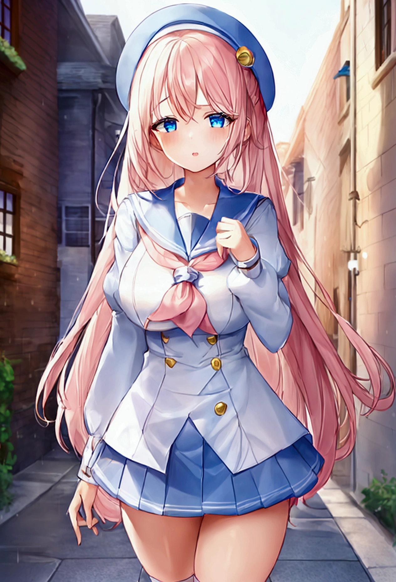 1 young girl, long straight pink hair, blue eyes, Sailor , short blue pleated skirt, A white blouse, blue sleeves, huge breasts, front view, street background with rain