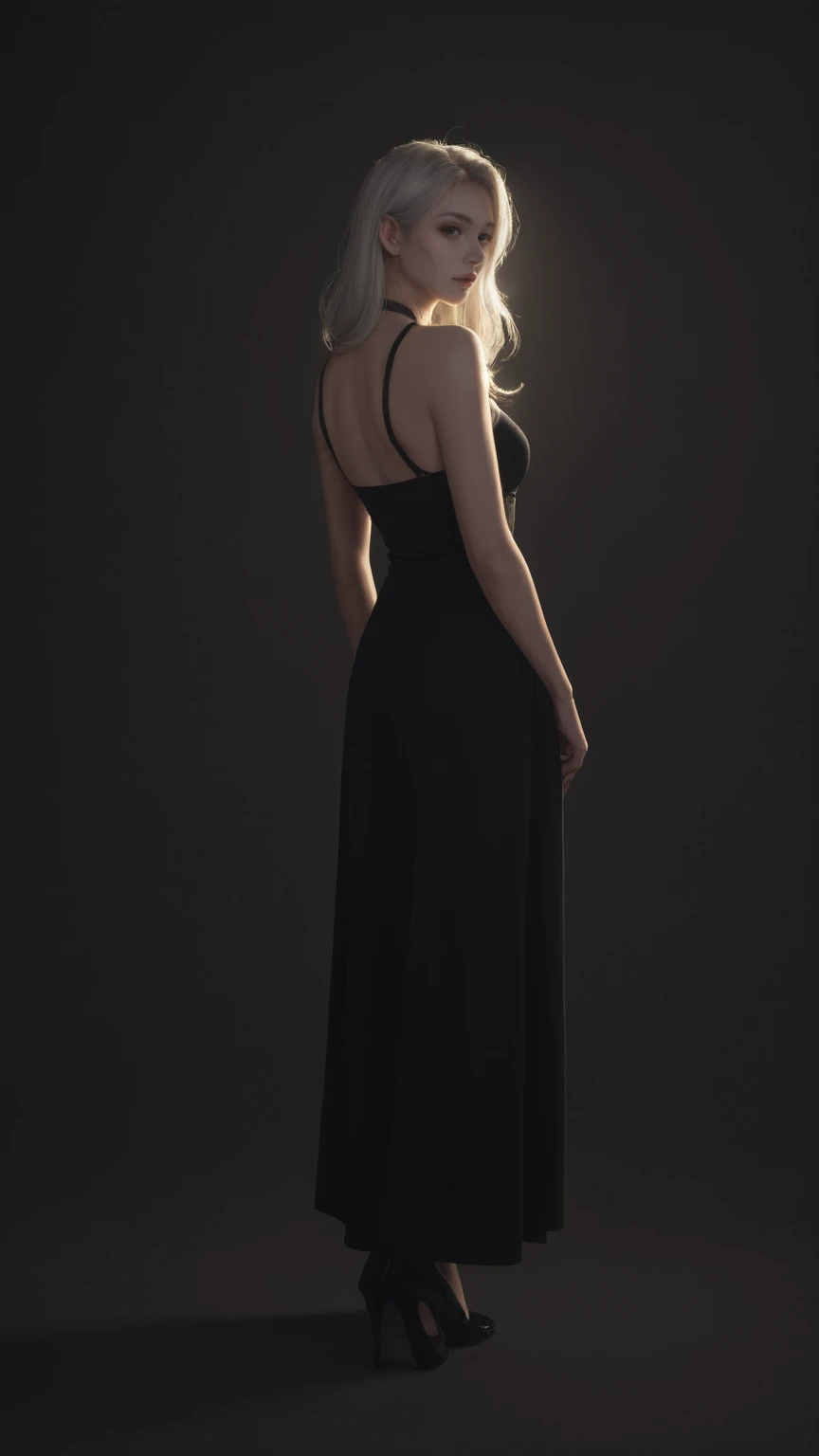 score_9, score_8_up, score_7_up, score_6_up, 1girl, solo,full body, Aatrox \(league of legends\), looking at viewer, black background, side lighting, back lighting, realistic, makeup, glowing,