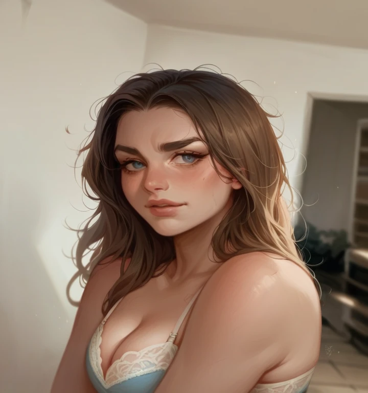 Make this woman wearing blue clothes