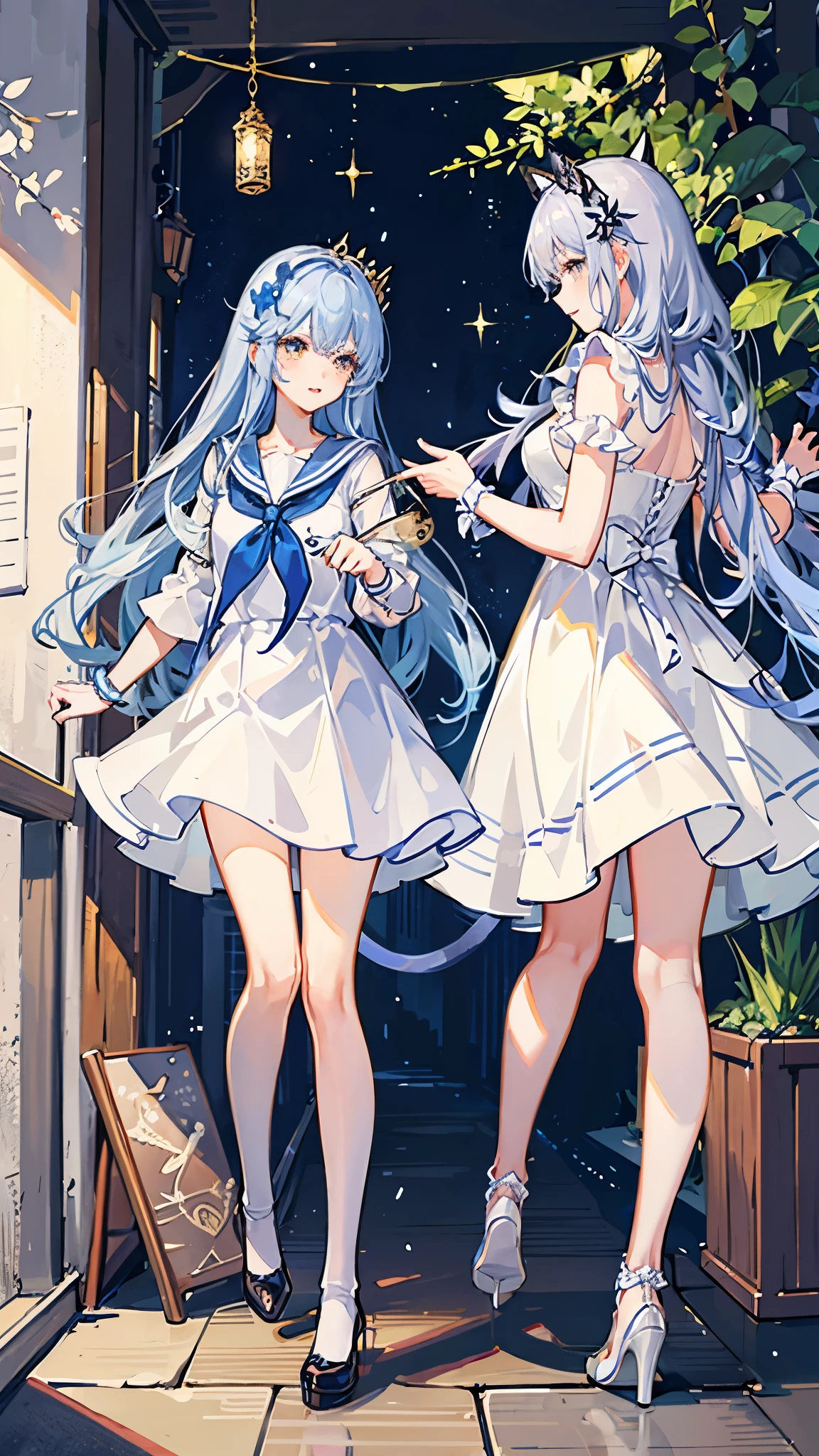 Frolicking with a cat、The background is a cat cafe、Cat Tower、Lots of cats、Crystal clear light blue hair、Her hair is gradated and white from the hairline to the middle.、Hair length is up to the knees、A shiny, light blue sailor suit、The hair ornament is glittering gold.、Silver hair ornament、She has big breasts、Adult face、