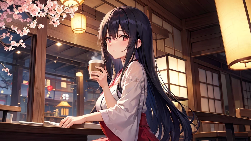 "In a quiet coffee shop in the nighttime city, a Japanese anime-style beautiful girl sits peacefully. Neon lights gently shine through the window, making her long black hair sparkle. Her large eyes are relaxed, and she holds a warm coffee cup in her hands. The café background features soft pastel colors with soothing tones of blue and pink. Cherry blossom petals quietly fall, and traditional Japanese decorations like a parasol subtly adorn the café setting."