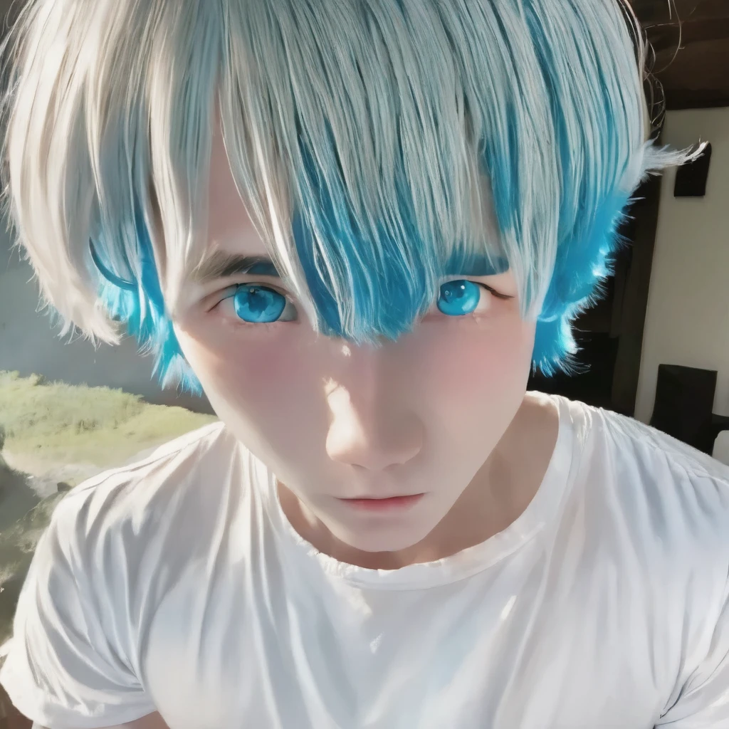 best quality, masterpiece, solo, 1boy, blue hair, white shirt,  blue eyes, black beckground, full faces