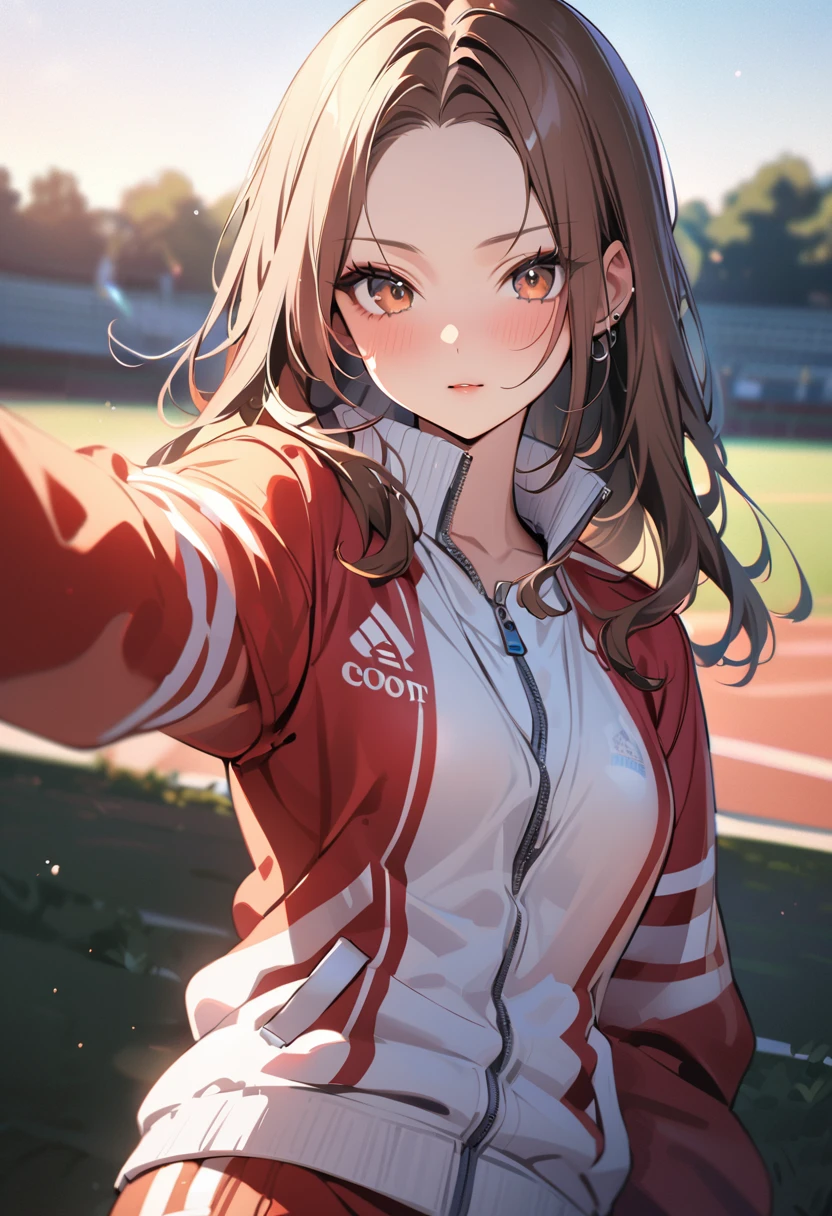 1 girl, bob, center part, forehead, brown hair, piercing, brown eyes, model posing, blush
BREAK (masterpiece), (high resolution 8K), cinematic lighting, professional lighting, detailed eyes and face, detailed body, 
BREAK tracksuit, at the school ground, outdoors, 