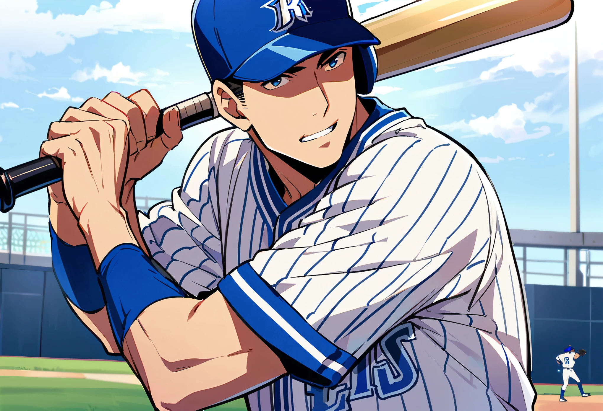 ((1 Male, Pro baseball player)), Yokohama DeNA Baystars, Blue and white baseball uniforms, Batter's swing, Detailed bat, Sharp Eyes, Accurate batting, The ball flies in an arc, Stadium frenzy, Back screen and scoreboard, Cheering squad in the audience, Lively atmosphere, Dynamic Angle, ((Realistic, Anime illustration)), (Highest quality:1.2, Very detailed, Ultra-high resolution, High Detail, masterpiece:1.2, Best aesthetics).