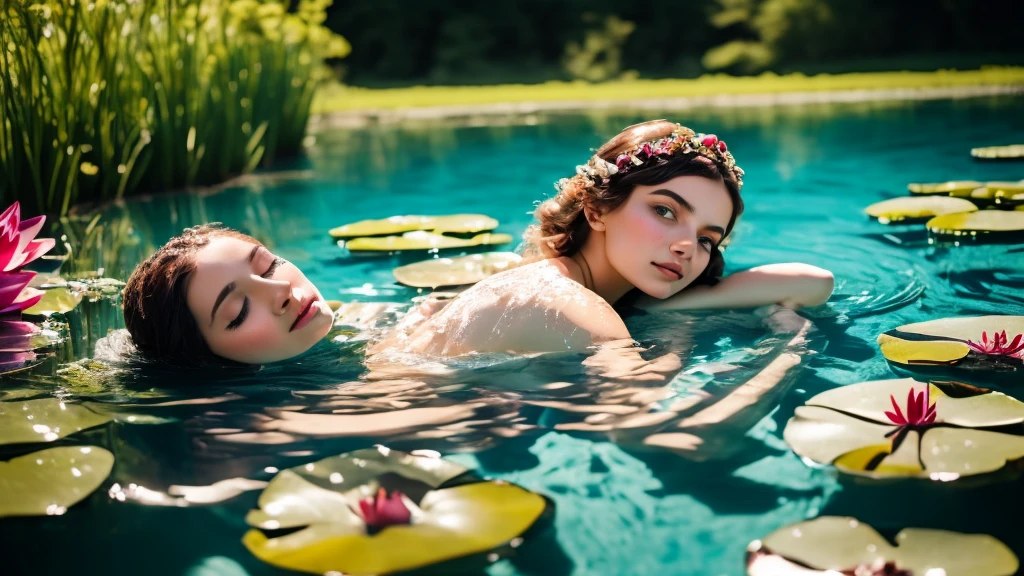 Aarav woman lies in the water with a lily pad on her face., Sleep on a lily pad, Lots of Merlot,  floating in a field of flowers, In the style of Petra Collins, Inspired by Elsa Belda, Dreamy and ethereal., In the pool, By Maud Naftel, Inspiration from Anka Zhuravleva, By Irakli Nadar