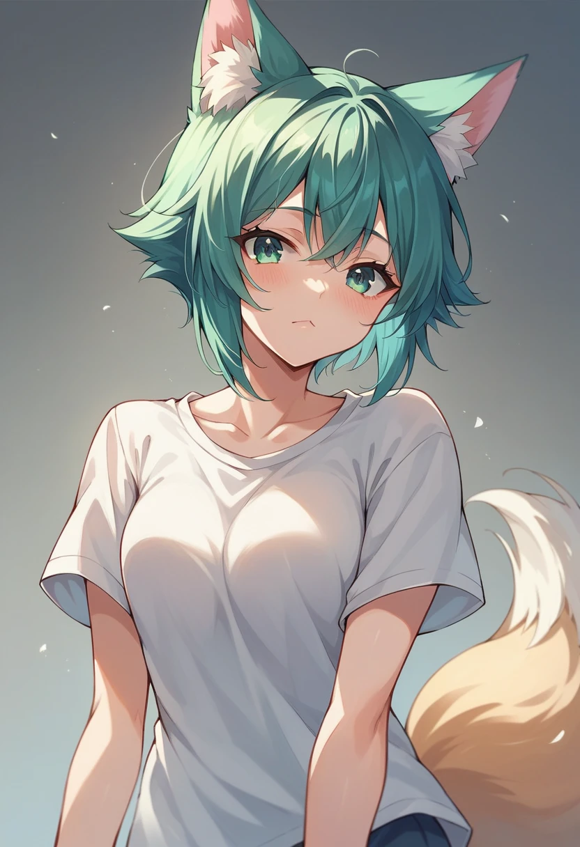 a closeup of a cartoon character with fox ears, fox girl, mikudayo, anime moe art style, Cat Mimi, short hair, anime girl with teal hair