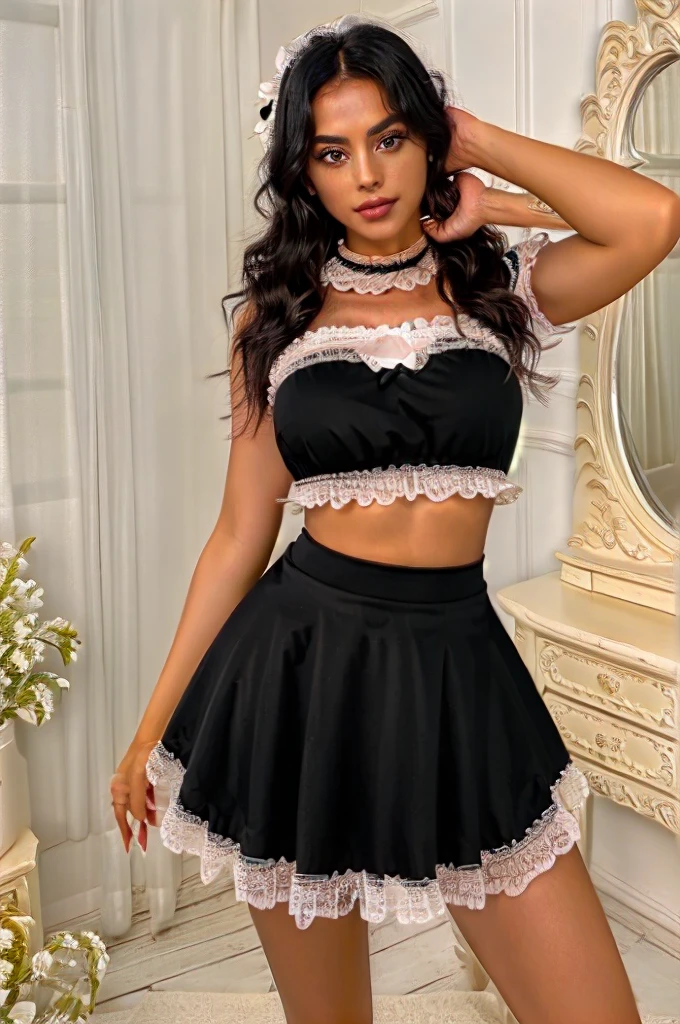 woman, adult, solo, skinny,
long black hair, yellow eyes, maid black top, maid black skirt,
sexy pose, (masterpiece), (high quality), (best quality), (detailed), hd, perfect lighting, detailed face, detailed body,