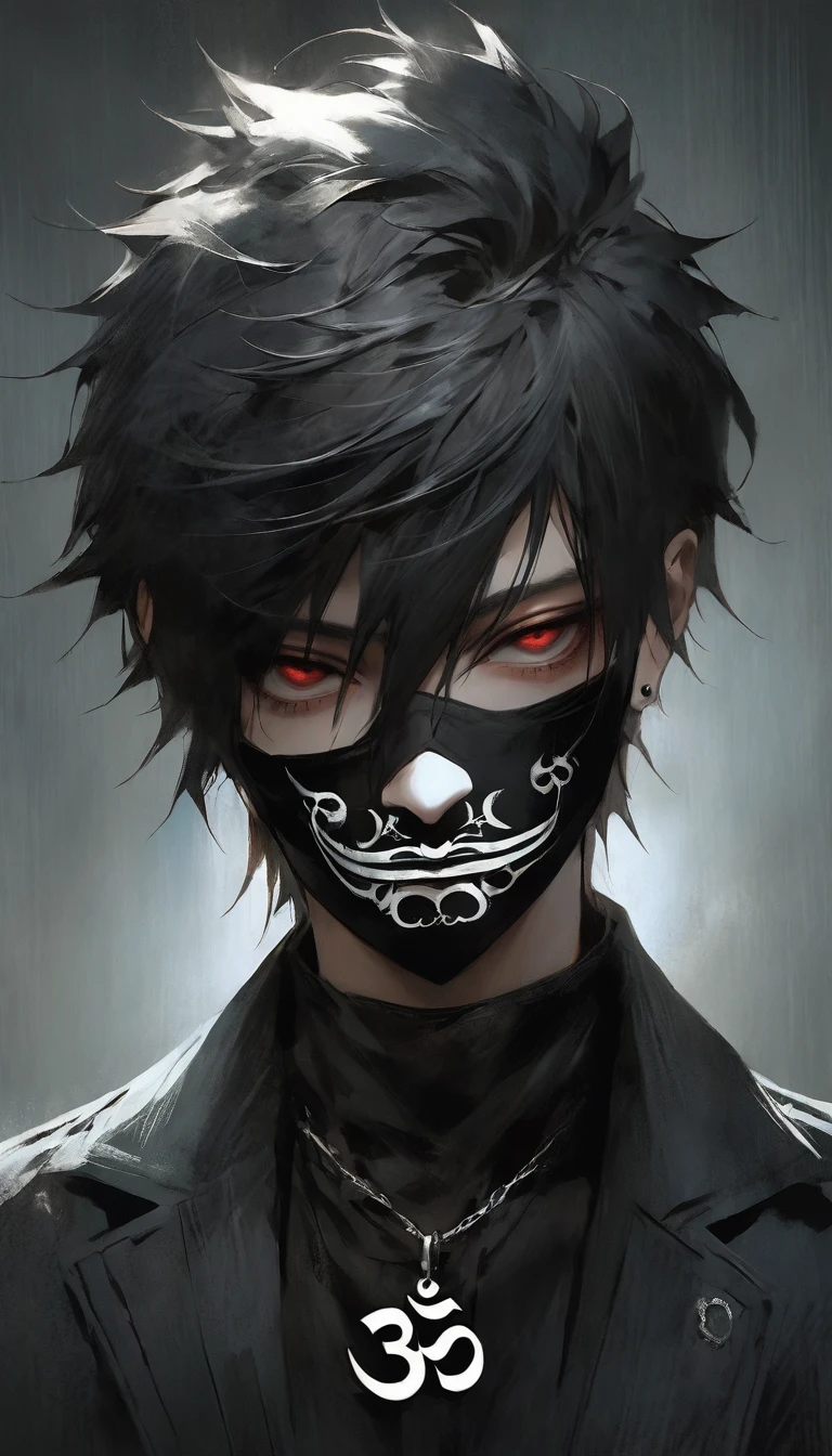 ((vindictive)), ((spoiteful)), An alluring portrayal of a boy with an emo aesthetic, highlighting his gorgeous face against a dark backdrop. His features should exude a sense of mystery and depth, with (messy:1.2) and (tousled:1.1) hair falling over one eye. He is dressed in a classic outfit that complements his style, with a (modern twist:1.1). The image should have a (contrasting:1.2)and( wearing black mask and om locket) lighting, emphasizing the contours of his face and creating a captivating interplay of light and shadow. The overall tone should be moody and atmospheric, capturing the essence of his emo persona.
