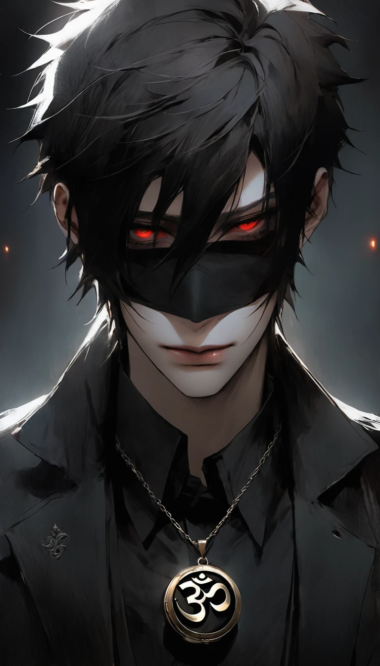 ((vindictive)), ((spoiteful)), An alluring portrayal of a boy with an emo aesthetic, highlighting his gorgeous face against a dark backdrop. His features should exude a sense of mystery and depth, with (messy:1.2) and (tousled:1.1) hair falling over one eye. He is dressed in a classic outfit that complements his style, with a (modern twist:1.1). The image should have a (contrasting:1.2)and( wearing black mask and om locket) lighting, emphasizing the contours of his face and creating a captivating interplay of light and shadow. The overall tone should be moody and atmospheric, capturing the essence of his emo persona.