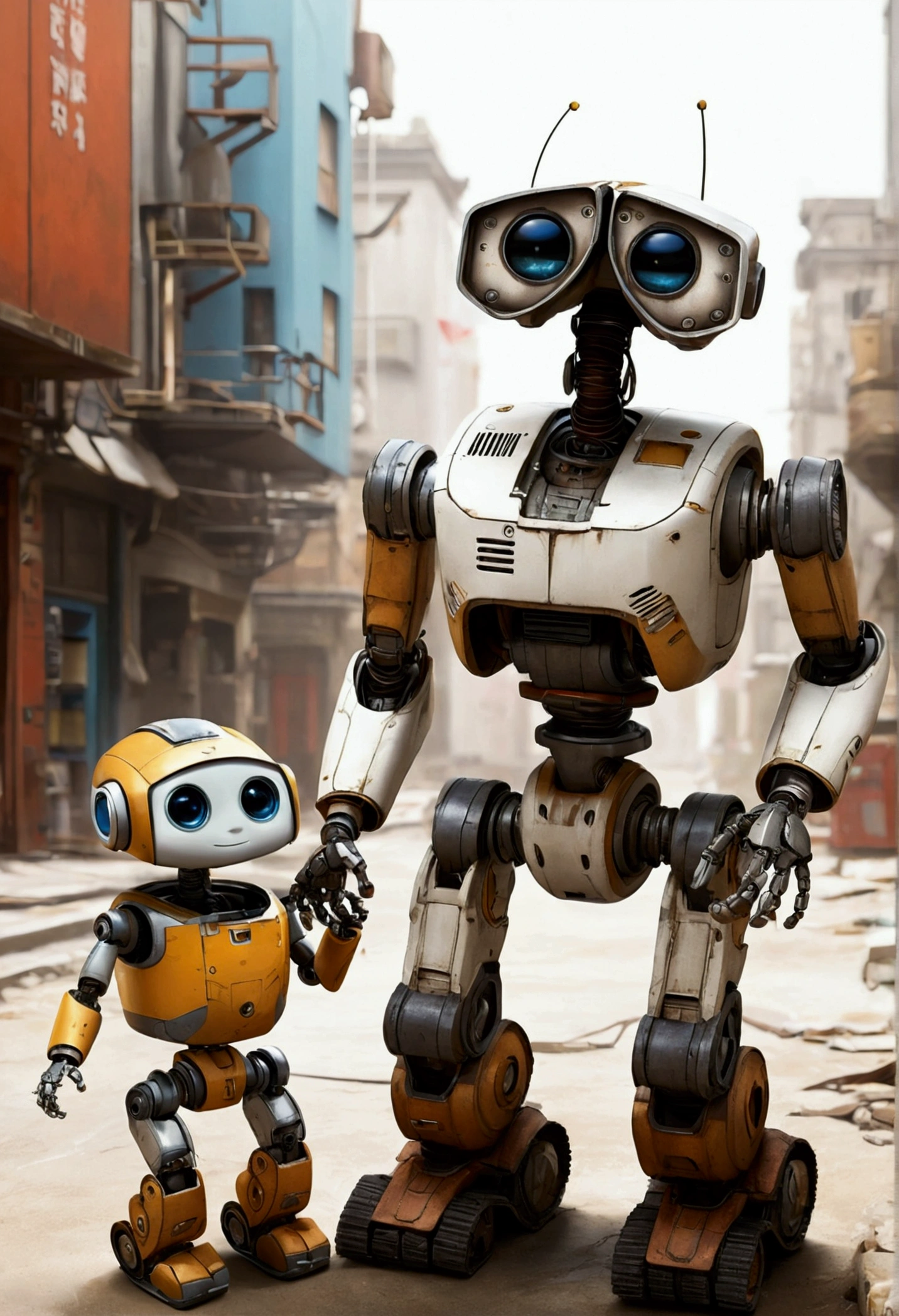 in a future dead city, escrevendo no live, na sala com livros, wide vision, ultra realista, altamente detalhado, pintura digital, arte conceitual, suave, foco nítido, tiro grande angular , Wall-E , babysitter, cute , with a cute baby , There is a cute robot standing in the future city play with a cute baby, which is a very cute robot, cute elaborate epic robot, beautiful robot character design,  ??? Robot, Portrait of a futuristic robot, robotic mixed with organic, Future Robot, humanoid character, concept robot, White Robot, robot concept art, Steampunk Robot ,wall-E, (masterpiece,extreme detailed,top quality)